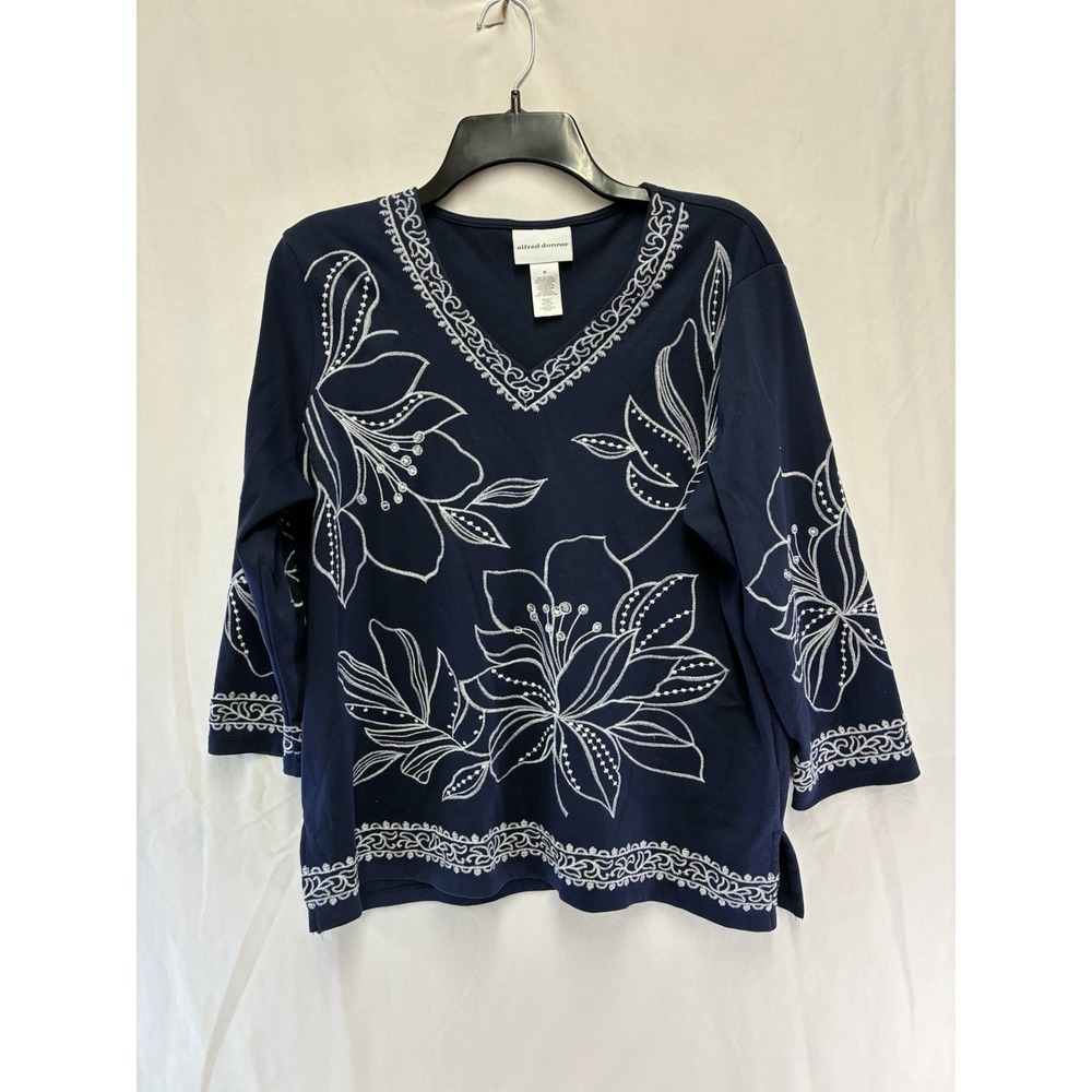 Alfred Dunner Blue Floral Embroidered Top Womens M 3/4 Sleeve Casual Shirt
